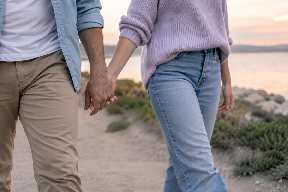 Two people walking together and holding hands